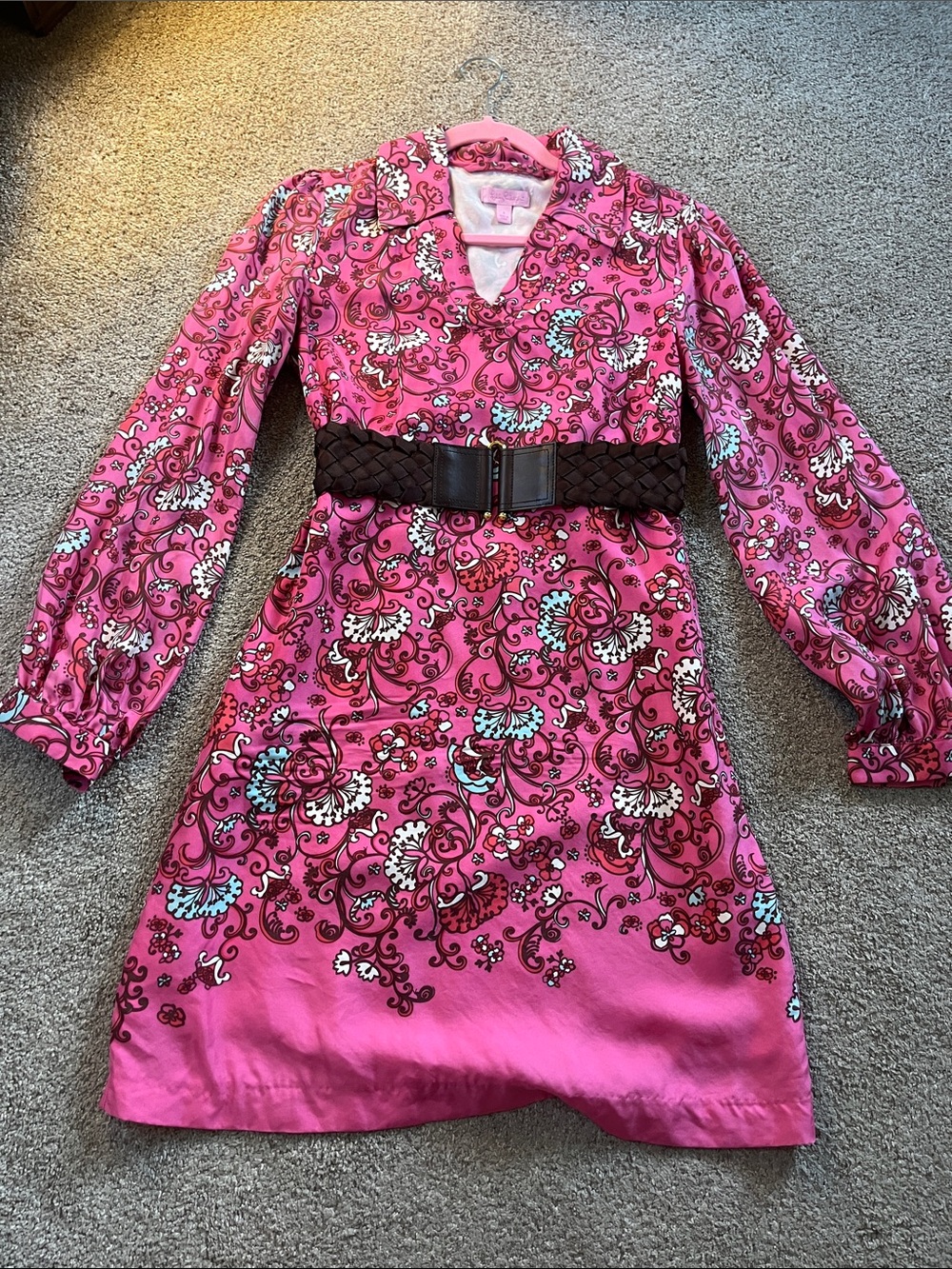🪼🦀🐋Lilly Pulitzer Silk Pink Brown Paisley Bishop Sleeve Dress sz4 (runs big)